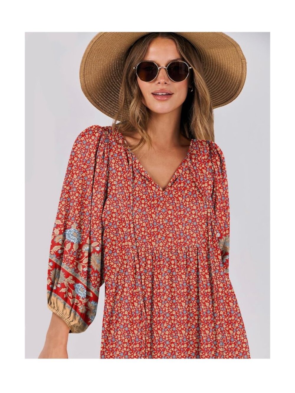 Red Floral Long Sleeve Button Front Maxi Dress 2XL - Picture 12 of 12